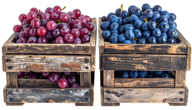 Two weathered wooden crates overflowing with ruby-red and deep-blue grapes