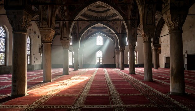 Interior view of a historical building with red carpets and sunlit beams