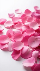 Obraz premium Vibrant pink rose petals scattered on a soft white background