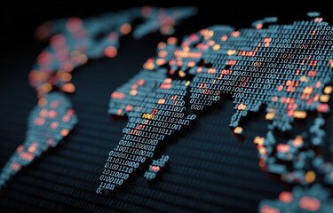digital world map made of binary code and numbers, digital illustration concept with global network and connectivity symbolized by the earth in silhouette on a black background Generative AI