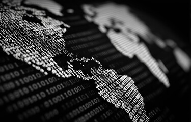 digital world map made of binary code and numbers on black background, global network concept, digital technology online connection Generative AI
