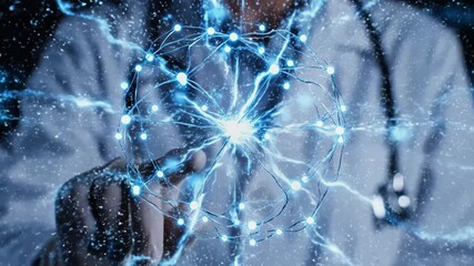 A doctor's hand wearing a glove points towards a bright energy-like core - Powered by Adobe