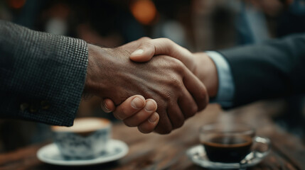Shaking hands over coffee two business partners discuss contract terms and future collaboration