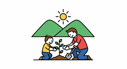 A father and son planting a small tree together in a minimalist cartoon illustration.