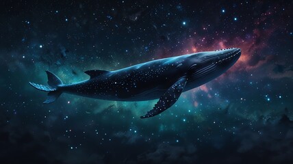 Cosmic whale glides through nebula, stars, and galaxies, a majestic fantasy.