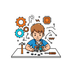 Boy Building a Robot at a Table with Tools and Electronic Components.