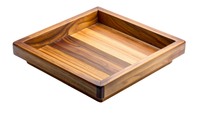 A square, wooden tray with a flat bottom and raised sides, against a black backdrop