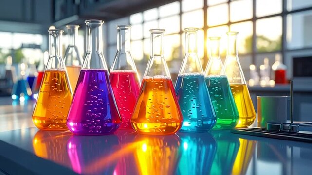 Vibrant chemical laboratory setup with colorful liquid flasks under sunlight, scientific