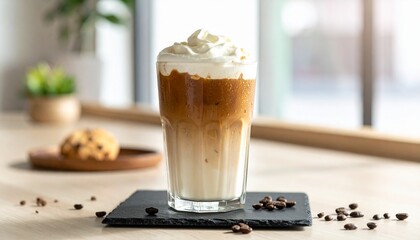 Aesthetic close-up of a trendy iced latte served in a clear glass, filled with layers of milk, coffee, and fluffy whipped cream on top.