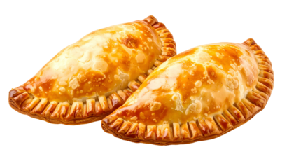 Two golden, savory pastries, crimped edges, and a glossy baked surface