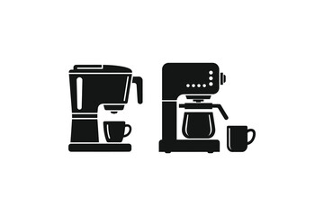 Two coffee makers with cups isolated on white background, showcasing different designs for brewing fresh coffee at home