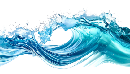 A stylized cresting wave, rendered in shades of blue and turquoise, against a black background
