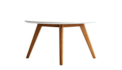 Fototapeta premium Modern round table featuring a white top and stylish wooden legs, isolated on black
