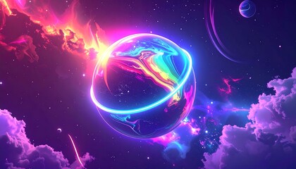 Vivid sphere enveloped by neon rings, amidst cosmic clouds