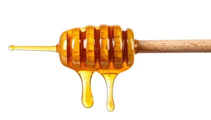 Wooden honey dipper dripping golden honey against a transparent background