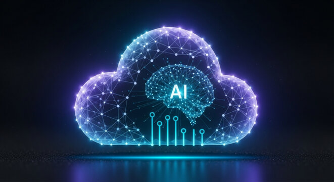 A glowing, stylized cloud with an ai brain inside, representing artificial intelligence and cloud computing, set against a dark background