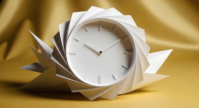 Elegant minimalist white clock with abstract spiral paper design. 3D illustration on soft golden yellow fabric background. Conceptual image for time management, deadlines and luxury themes.