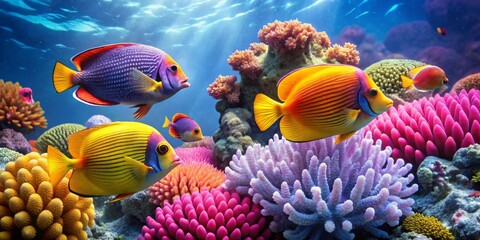 Fototapeta premium Vibrant Reef Inhabitants Swimming Amongst Colorful Coral Formations and Diverse Marine Life