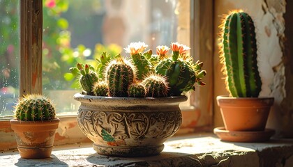 Cacti in pots on a sunlit windowsill, with blooming flowers