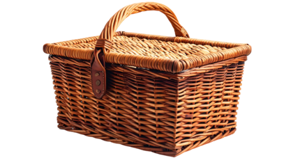 Woven, rectangular basket with a handle and leather clasp, ready for a picnic