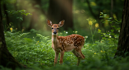 A Captivating Portrait of a Young Deer Standing Gracefully in a Lush Green Forest