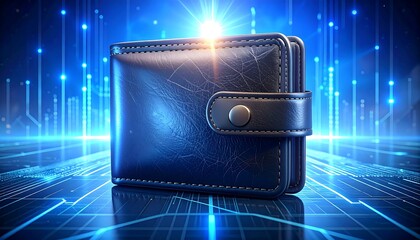 A leather wallet glows, set against a digital network backdrop