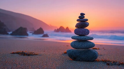 Stacked Stones On Beach Sunset