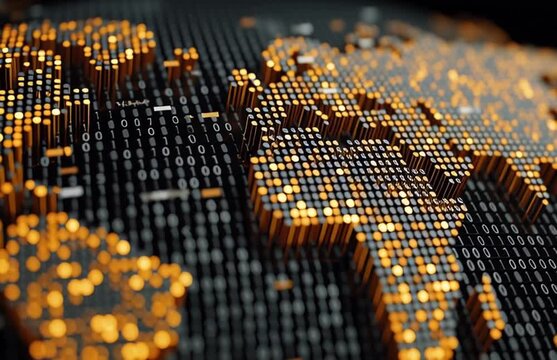 digital world map made of binary code and numbers on a black background, global network concept with digital data transfer around earth for online business or financial exchange industry Generative AI - Powered by Adobe