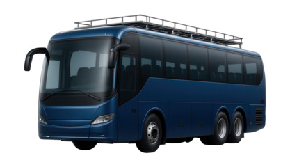 Touring bus featuring a roof luggage rack and dual rear axles.