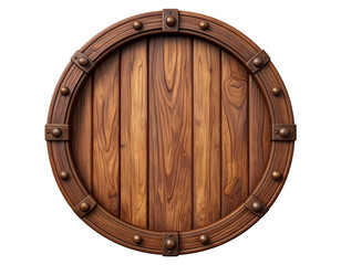 Vintage Round Wooden Shield or Barrel Lid with Metal Rivets Isolated on Black