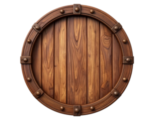 Vintage Round Wooden Shield or Barrel Lid with Metal Rivets Isolated on Black