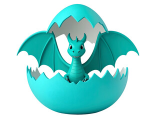 Cute 3D Rendered Cartoon Baby Dragon Hatching from a Teal Egg on Black