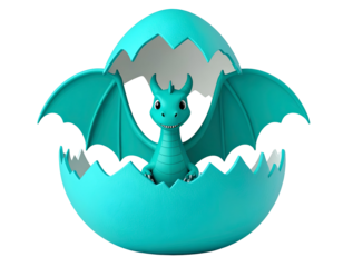 Cute 3D Rendered Cartoon Baby Dragon Hatching from a Teal Egg on Black