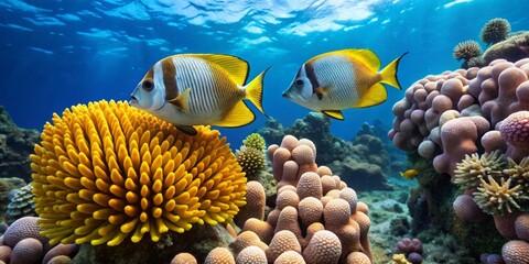 Obraz premium Vibrant Reef Scene Featuring Two Striking Butterflyfish Swimming Gracefully Near a Lush Yellow Coral Formation and Diverse Coral Structures
