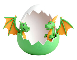 Two Cute Green Baby Dragons Hatching from a Cracked Egg - Fantasy 3D Render