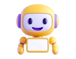 Cute 3D cartoon robot character in yellow and purple, smiling and holding a blank white sign for message or advertisement.