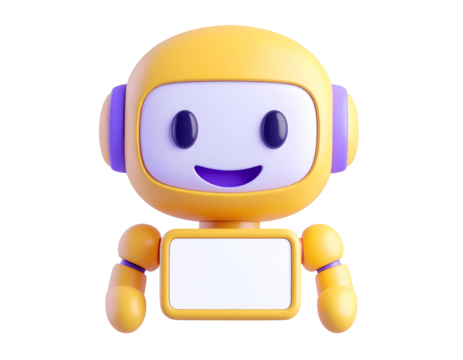 Cute 3D cartoon robot character in yellow and purple, smiling and holding a blank white sign for message or advertisement.