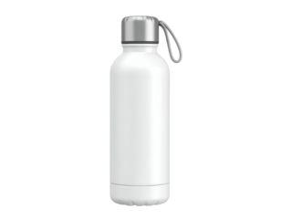 White Insulated Water Bottle with Silver Cap and Carry Loop Isolated on Black Background