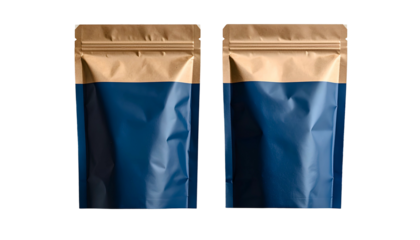Two upright pouches in contrasting colors, gold top, blue bottom, on a black backdrop