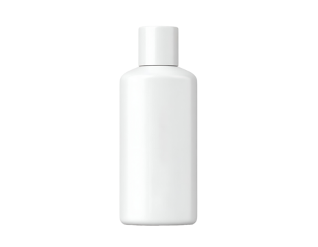 Isolated white blank plastic bottle with cap for cosmetic, skincare, shampoo, or lotion products on black background. Minimalist product packaging mockup.