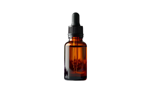 Amber glass bottle with dropper, against black background, showcasing liquid