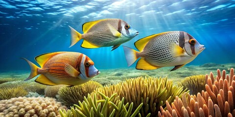 Fototapeta premium Vibrant Reef Fish Swimming Gracefully Over Lush Coral Gardens in Sunlit Ocean Depths
