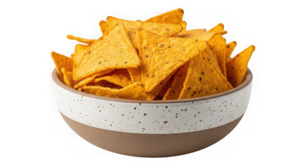 Bowl of tortilla chips isolated on transparent background, a popular snack food