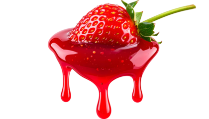 A ripe strawberry sits atop a pool of red, glossy liquid, with drips cascading down