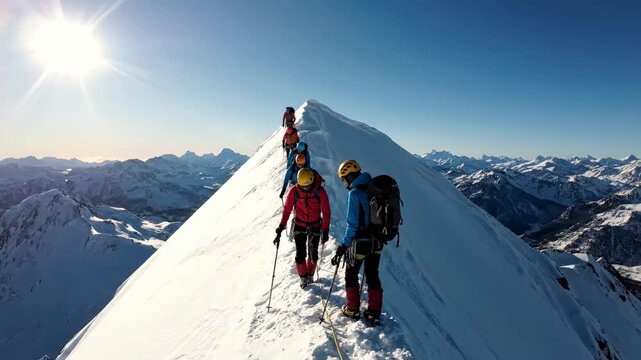 Climbing Team Ascending Snow-Capped Mountain Peak in Bright Sunlight