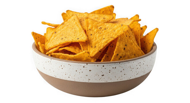 Bowl of tortilla chips isolated on transparent background, a popular snack food