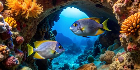 Obraz premium Two vibrant fish swim through a coral reef cave, sunlight illuminating the scene
