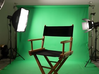 Director's chair on a green screen studio setup with soft box lighting. Filmmaking, documentary photography, interviews, and creative content concept, with a green chroma key background