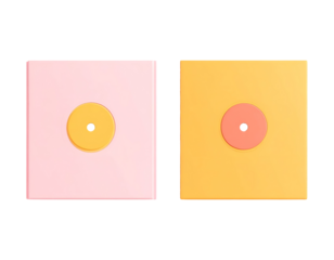 Minimalist Pink and Yellow Album Covers with Vinyl Records, Overhead View
