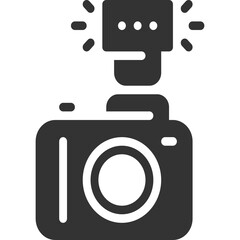 Retro 8-bit video game pixel art of a camera with a pop-up flash emitting light against a transparent background stylized in a dark gray monochrome palette